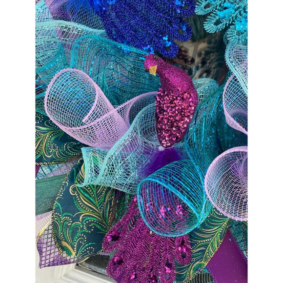 Peacock Feathers Deco Mesh Ribbon Wreath Year Round Everyday Wall Hanger Decor - Picture 3 of 9